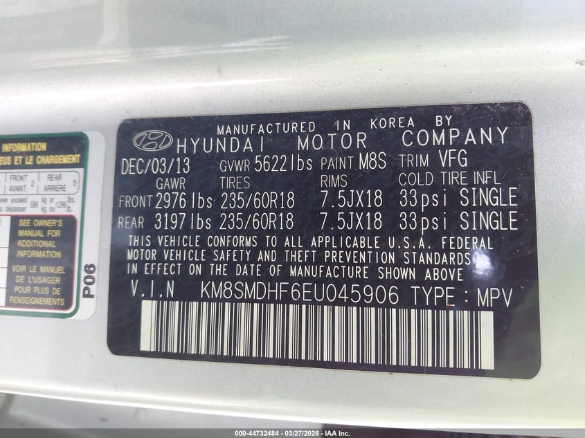 2014 Hyundai Santa fe VIN KM8SMDHF6EU045906 IAAI salvage auction — NORMAL WEAR, Salvage (Texas), sold $1,050 on 2026-07-09 (photo 9)
