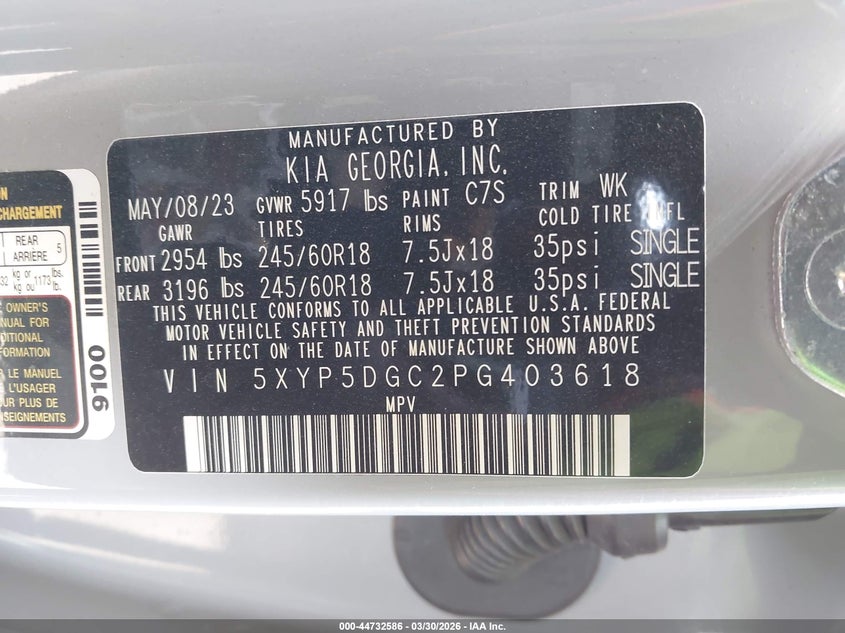 2023 Kia Telluride VIN 5XYP5DGC2PG403618 IAAI salvage auction — RIGHT SIDE, Salvage (California), sold $10,600 on 2026-07-22 (photo 9)