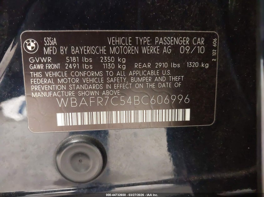 2011 BMW 5er VIN WBAFR7C54BC606996 IAAI salvage auction — FRONT END, Salvage (South Carolina), sold $1,050 on 2026-07-15 (photo 9)