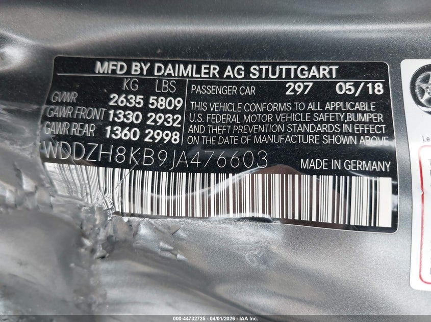 2018 Mercedes-benz VIN WDDZH8KB9JA476603 IAAI salvage auction — SIDE, Original (Texas), sold $34,300 on 2026-08-17 (photo 9)
