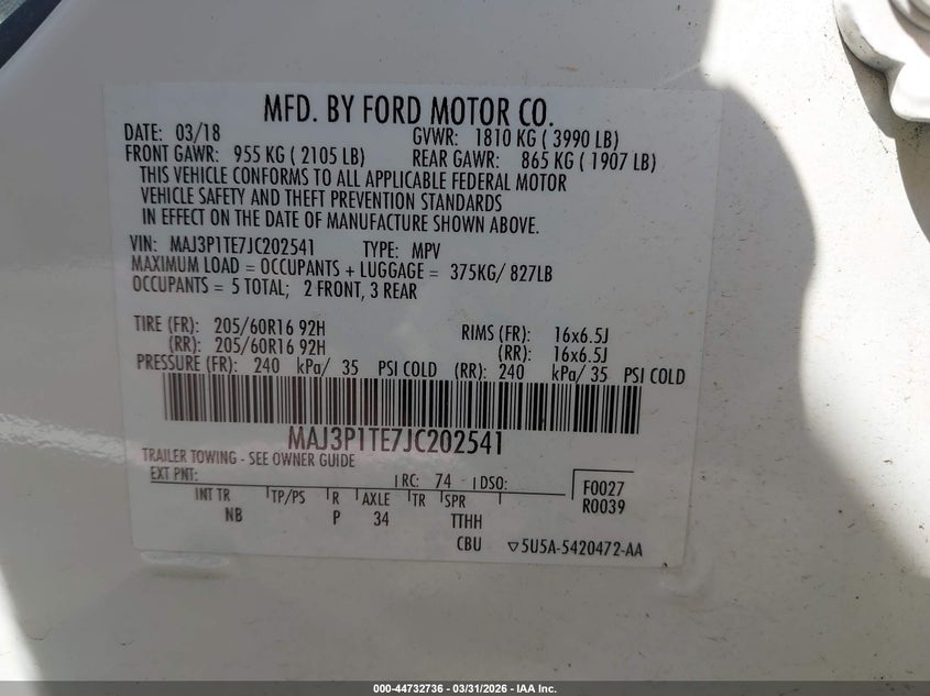 2018 Ford Ecosport VIN MAJ3P1TE7JC202541 IAAI salvage auction — UNDERCARRIAGE, Salvage (North Carolina), sold $1,700 on 2026-07-09 (photo 9)