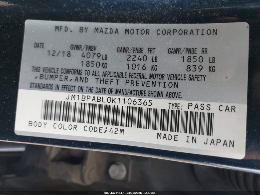 2019 Mazda 3 VIN JM1BPABL0K1106365 IAAI salvage auction — FRONT & REAR, Wait Title, sold $1,100 on 2026-07-21 (photo 9)