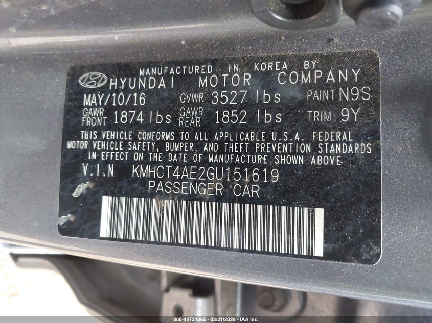 2016 Hyundai Accent VIN KMHCT4AE2GU151619 IAAI salvage auction — FRONT END, Wait Title, sold $550 on 2026-07-29 (photo 9)