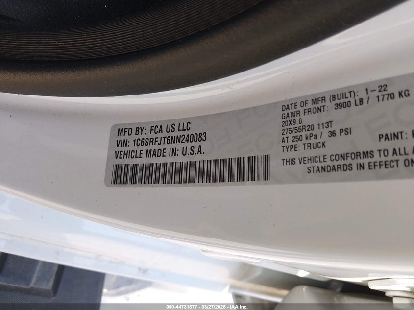 2022 Ram 1500 VIN 1C6SRFJT6NN240083 IAAI salvage auction — LEFT REAR, Unregisterable Title (Parts Only Title) (North Carolina), sold $9,300 on 2026-08-14 (photo 9)