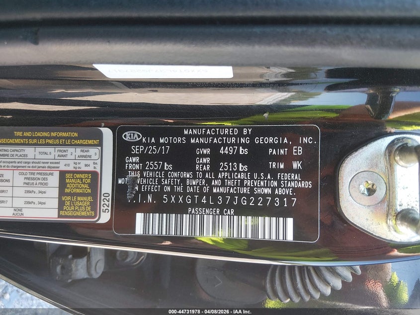 2018 Kia Optima VIN 5XXGT4L37JG227317 IAAI salvage auction — FRONT END, Salvage (Louisiana), sold $2,150 on 2026-07-29 (photo 9)