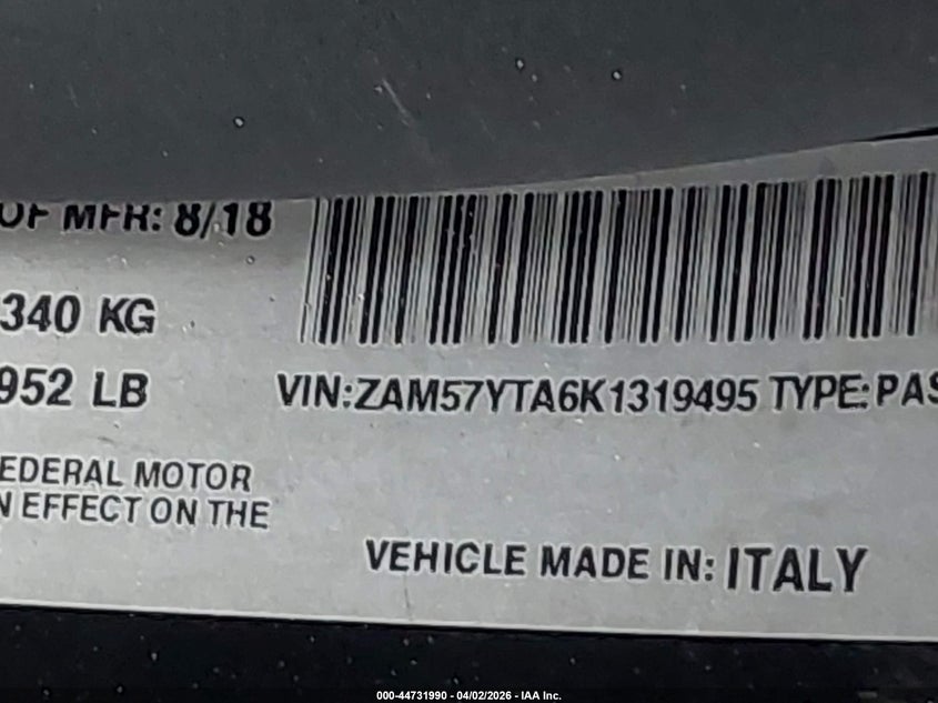 2019 Maserati Ghibli VIN ZAM57YTA6K1319495 IAAI salvage auction — FRONT & REAR, Wait Title, sold $4,725 on 2026-07-14 (photo 9)