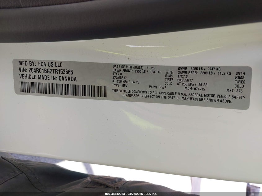 2026 Chrysler Pacifica VIN 2C4RC1BG2TR153665 IAAI salvage auction — WATER/FLOOD, Wait Title, sold $3,200 on 2026-07-21 (photo 9)