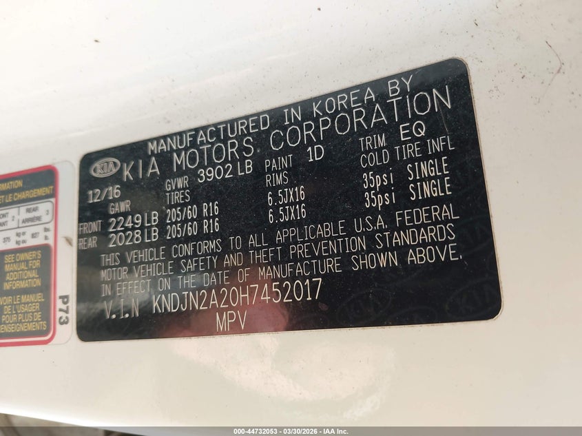 2017 Kia Soul VIN KNDJN2A20H7452017 IAAI salvage auction — LEFT & RIGHT, Wait Title, sold $700 on 2026-07-21 (photo 9)