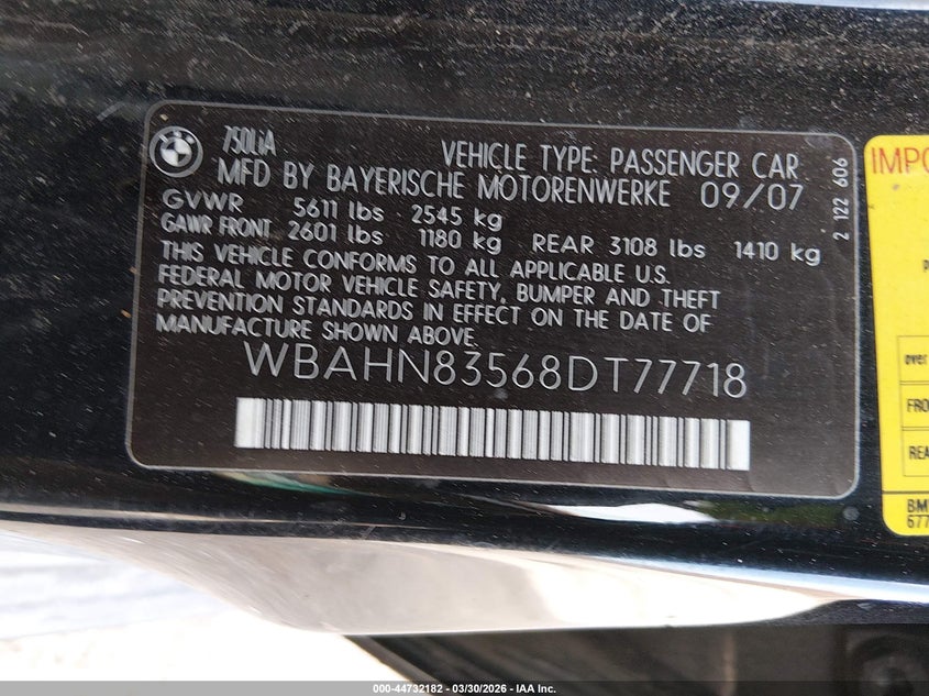 2008 BMW 7er VIN WBAHN83568DT77718 IAAI salvage auction — FRONT END, Bill Of Sale (Colorado), sold $425 on 2026-07-07 (photo 9)