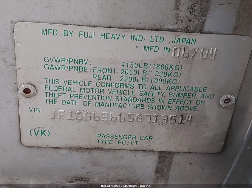 2005 Subaru Forester VIN JF1SG63665G713514 IAAI salvage auction — BIOHAZARD/CHEMICAL, Salvage (Texas), sold $450 on 2026-07-22 (photo 9)