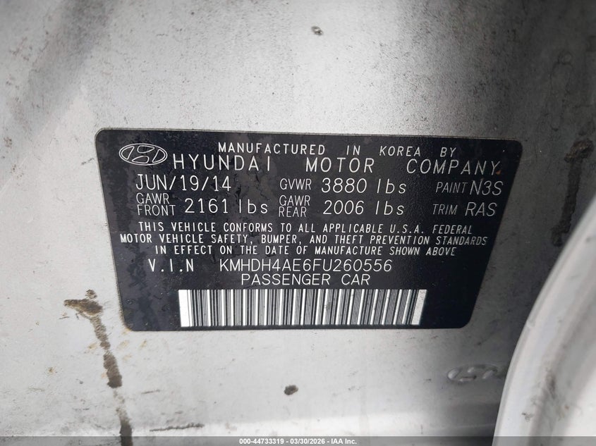 2015 Hyundai Elantra VIN KMHDH4AE6FU260556 IAAI salvage auction — FRONT & REAR, Original (Texas), sold $1,275 on 2026-07-08 (photo 9)