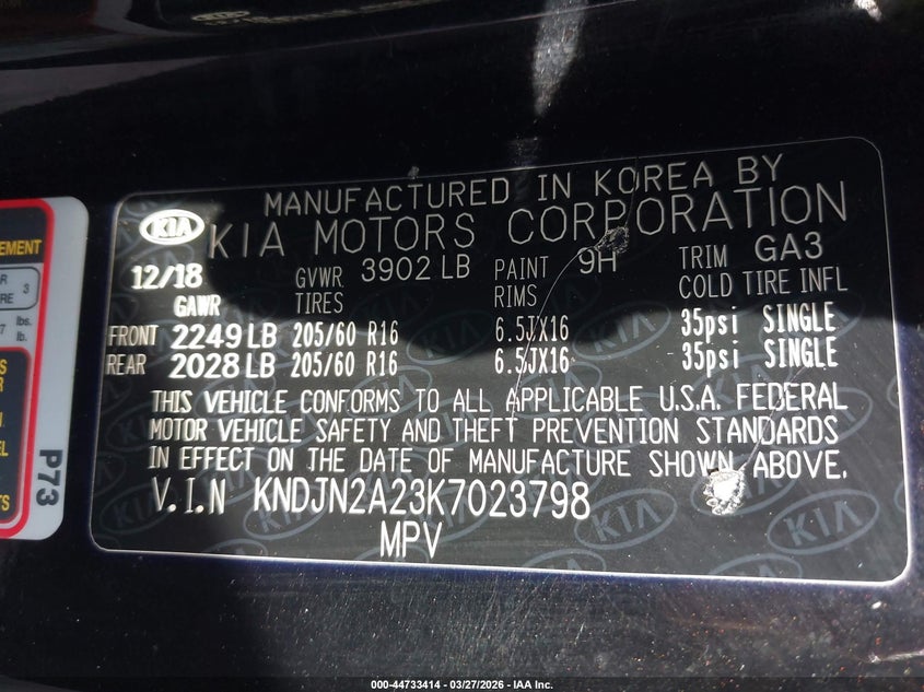 2019 Kia Soul VIN KNDJN2A23K7023798 IAAI salvage auction — BIOHAZARD/CHEMICAL, Salvage (Texas), sold $1,500 on 2026-07-28 (photo 9)