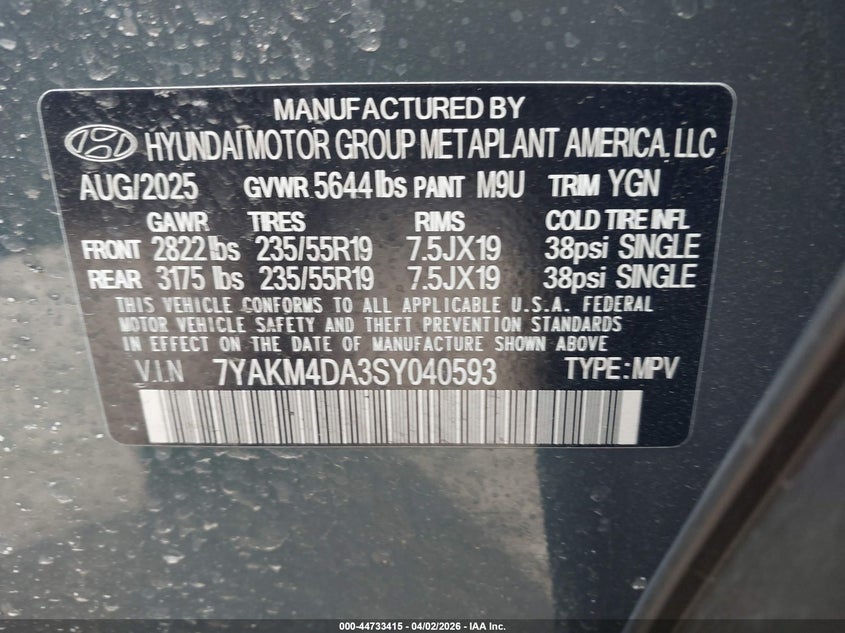 2025 Hyundai Ioniq 5 VIN 7YAKM4DA3SY040593 IAAI salvage auction — REAR END, Wait Title, sold $11,300 on 2026-08-01 (photo 9)