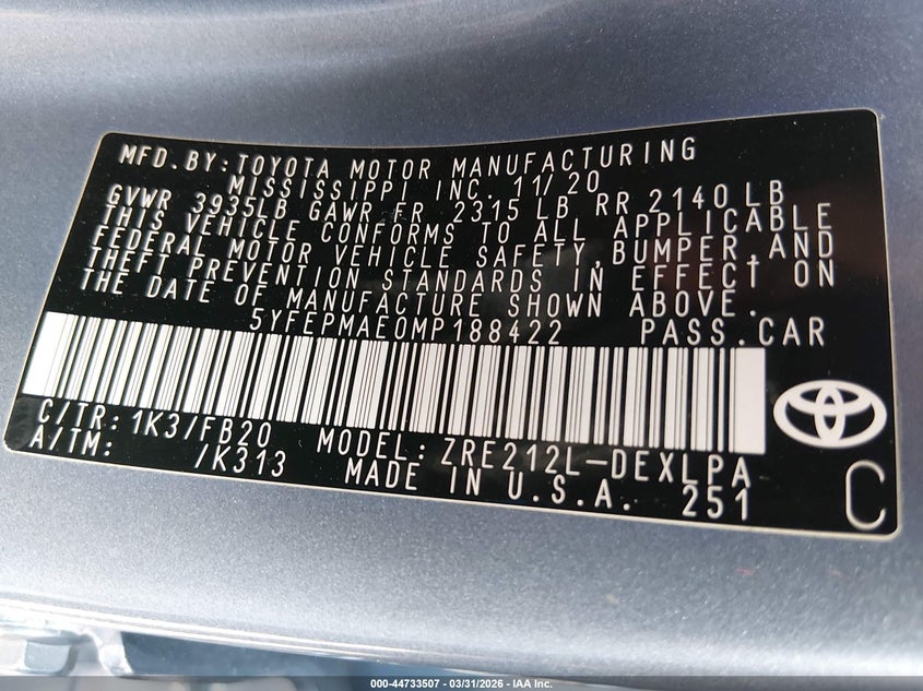 2021 Toyota Corolla VIN 5YFEPMAE0MP188422 IAAI salvage auction — FRONT END, Wait Title, sold $3,550 on 2026-07-07 (photo 9)