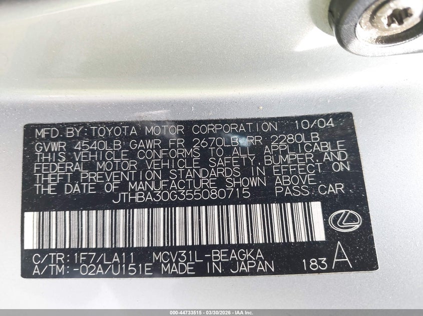 2005 Lexus ES VIN JTHBA30G355080715 IAAI salvage auction — REAR END, Salvage (Texas), sold $500 on 2026-07-20 (photo 9)
