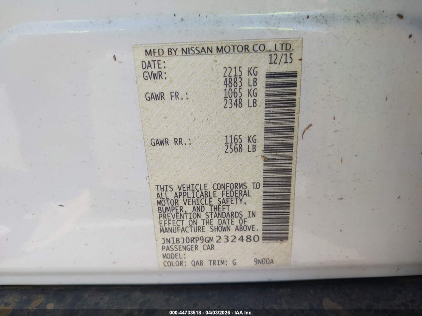 2016 Infiniti Qx50 VIN JN1BJ0RP9GM232480 IAAI salvage auction — WATER/FLOOD, Salvage (Hawaii), sold $100 on 2026-07-28 (photo 9)