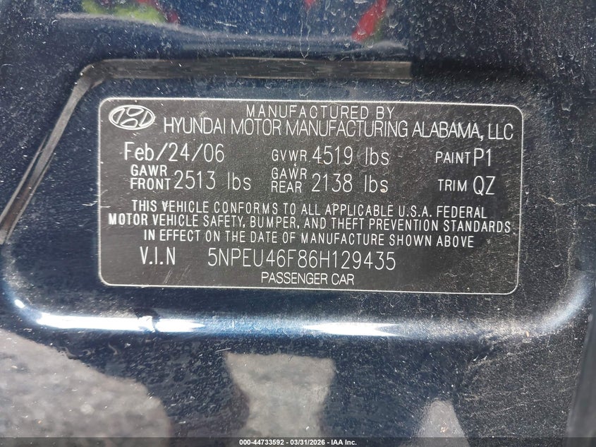 2006 Hyundai Sonata VIN 5NPEU46F86H129435 IAAI salvage auction — REAR END, Bill Of Sale (Washington), sold $350 on 2026-07-29 (photo 9)