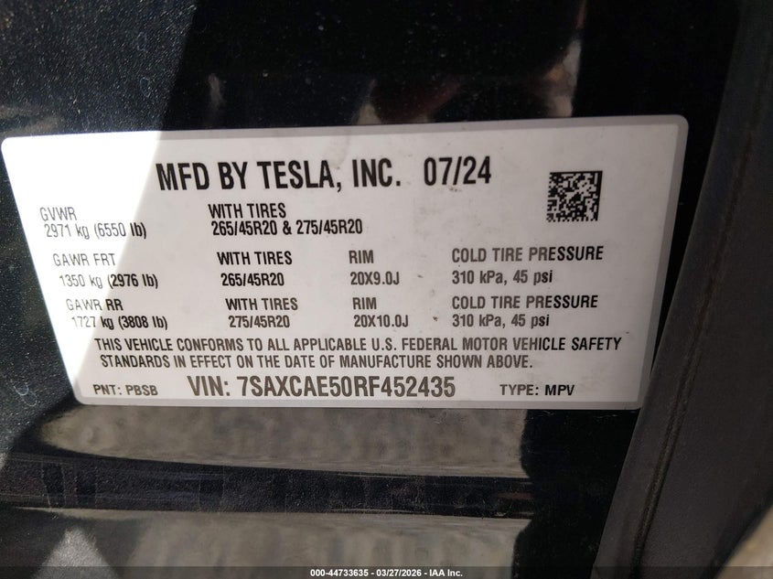 2024 Tesla Model x VIN 7SAXCAE50RF452435 IAAI salvage auction — SUSPENSION, Salvage (Colorado), sold $19,750 on 2026-07-09 (photo 9)