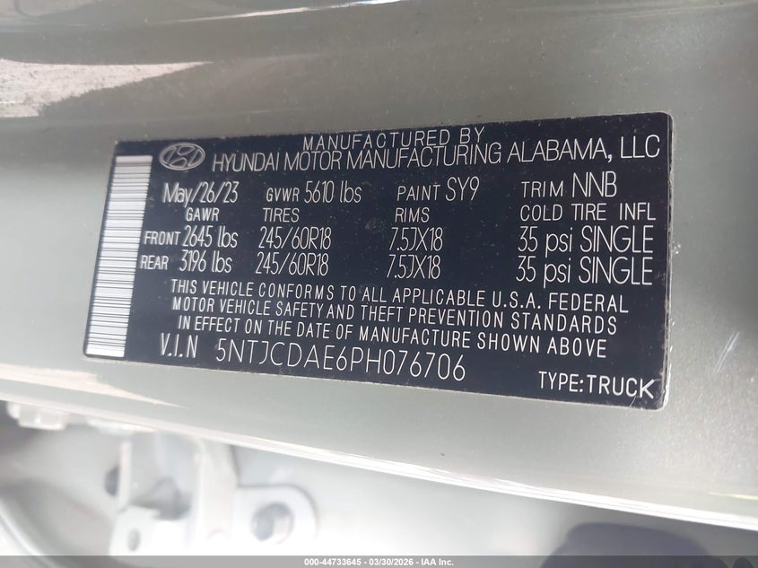 2023 Hyundai Santa cruz VIN 5NTJCDAE6PH076706 IAAI salvage auction — FRONT & REAR, Wait Title, sold $4,550 on 2026-07-28 (photo 9)