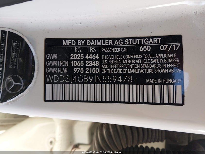 2018 Mercedes-benz Cla-klasse VIN WDDSJ4GB9JN559478 IAAI salvage auction — FRONT END, Clear (Kansas), sold $3,800 on 2026-07-17 (photo 9)