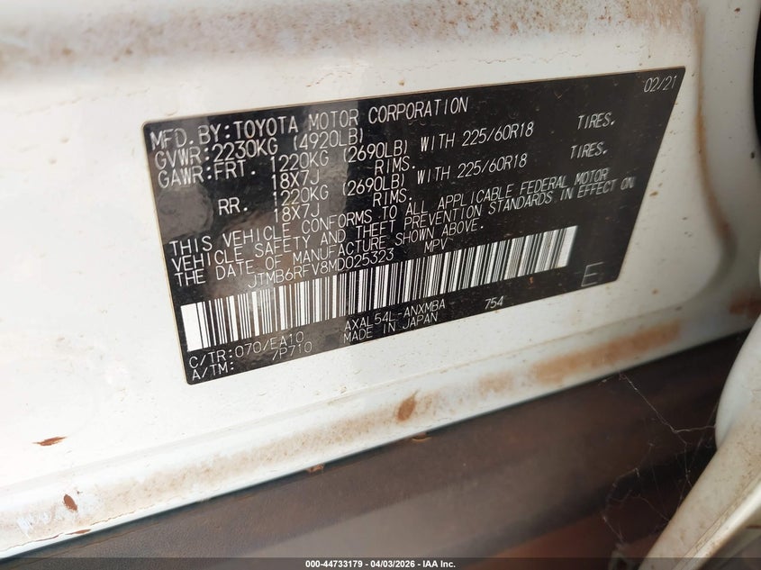 2021 Toyota Rav4 hybrid VIN JTMB6RFV8MD025323 IAAI salvage auction — WATER/FLOOD, Salvage (Hawaii), sold $2,700 on 2026-07-21 (photo 9)