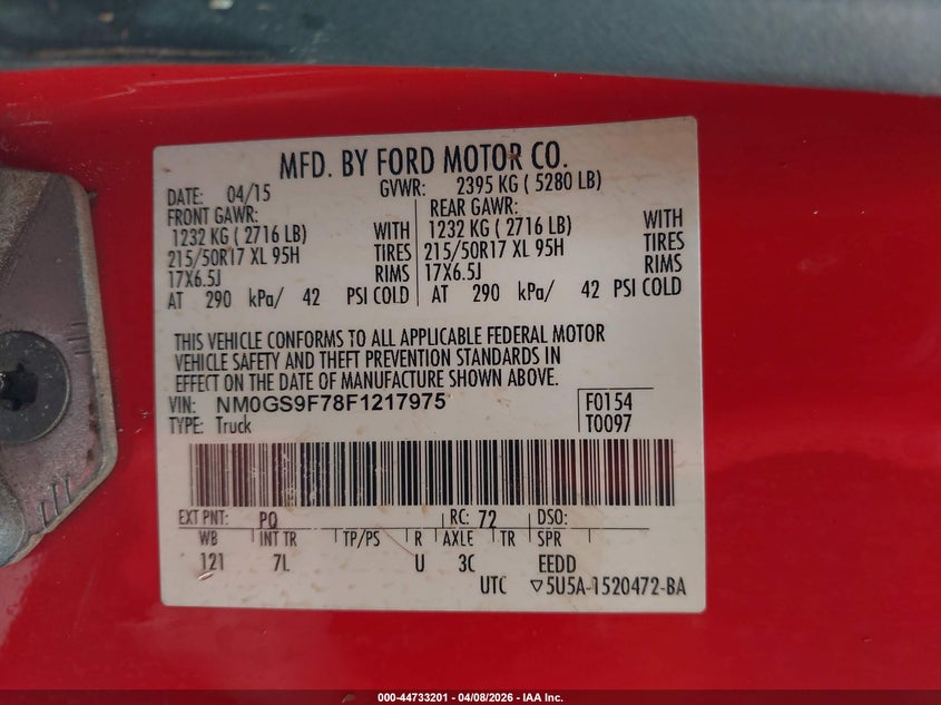 2015 Ford VIN NM0GS9F78F1217975 IAAI salvage auction — WATER/FLOOD, Salvage (Hawaii), sold $2,150 on 2026-07-28 (photo 9)
