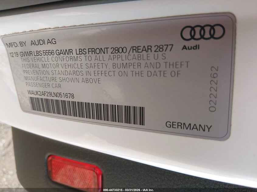 2020 Audi A6 VIN WAUK2AF29LN051678 IAAI salvage auction — FRONT END, Wait Title, sold $5,425 on 2026-07-21 (photo 9)