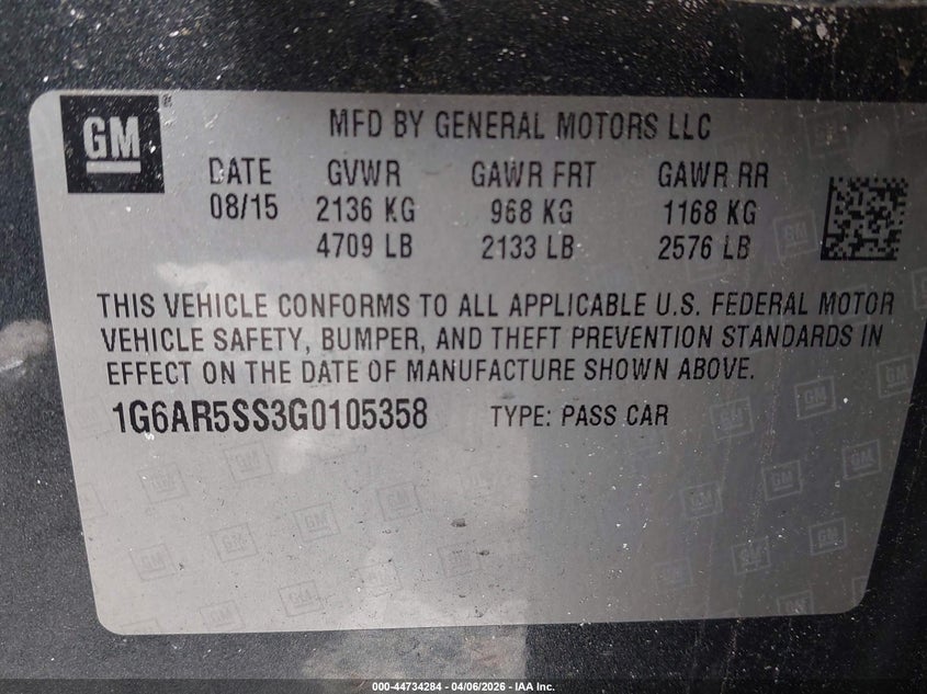 2016 Cadillac Cts VIN 1G6AR5SS3G0105358 IAAI salvage auction — REAR END, Salvage (Idaho), sold $1,209 on 2026-08-25 (photo 9)