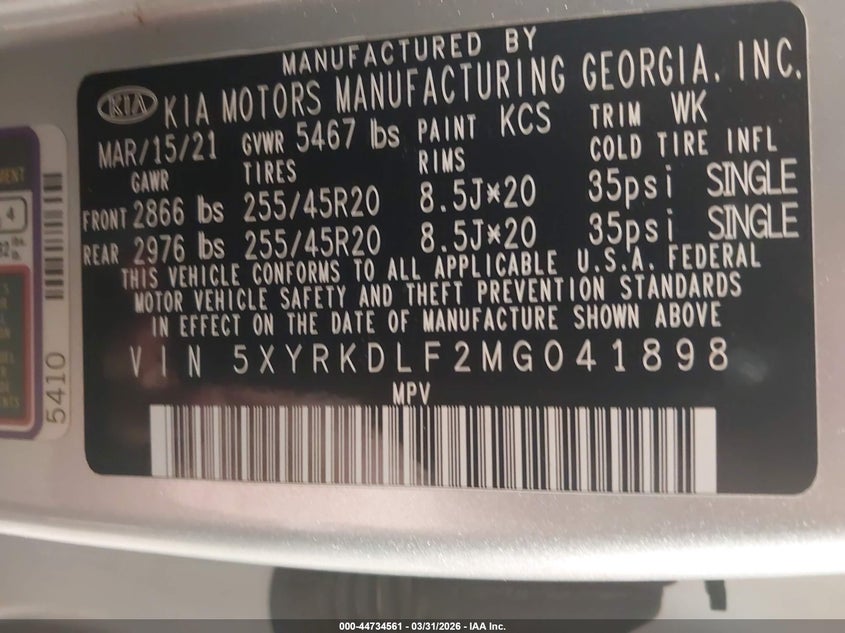 2021 Kia Sorento VIN 5XYRKDLF2MG041898 IAAI salvage auction — FRONT END, Salvage (Vermont), sold $6,400 on 2026-07-09 (photo 9)
