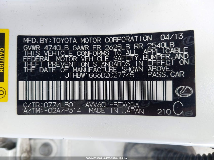 2013 Lexus Es 300h VIN JTHBW1GG6D2027745 IAAI salvage auction — SIDE, Salvage (Hawaii), sold $1,100 on 2026-07-14 (photo 9)
