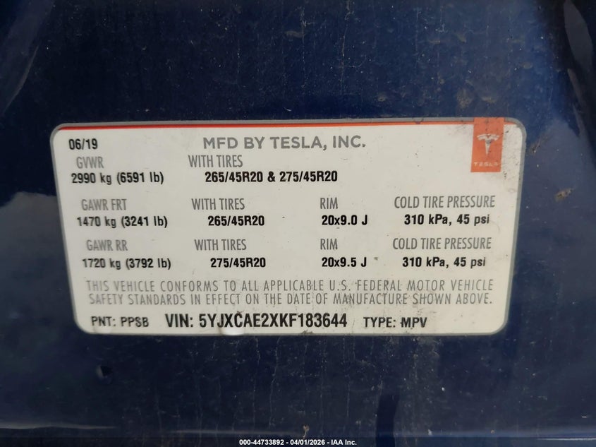 2019 Tesla Model x VIN 5YJXCAE2XKF183644 IAAI salvage auction — LEFT SIDE, Wait Title, sold $9,950 on 2026-07-16 (photo 9)