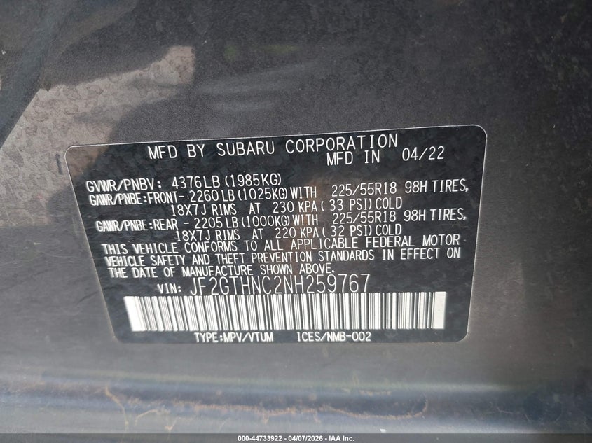 2022 Subaru Xv VIN JF2GTHNC2NH259767 IAAI salvage auction — LEFT & RIGHT, Salvage Title, sold $100 on 2026-07-28 (photo 9)