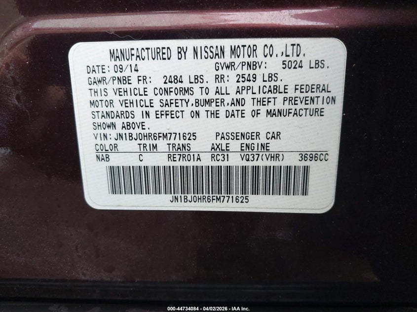 2015 Infiniti Qx50 VIN JN1BJ0HR6FM771625 IAAI salvage auction — FRONT END, Wait Title, sold $700 on 2026-07-24 (photo 9)