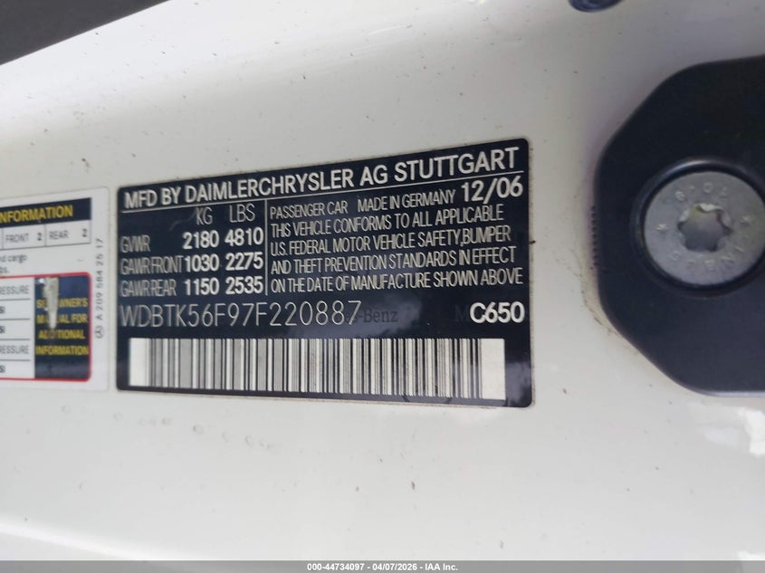 2007 Mercedes-benz Clk-class VIN WDBTK56F97F220887 IAAI salvage auction — WATER/FLOOD, Salvage (Hawaii), sold $75 on 2026-08-18 (photo 9)