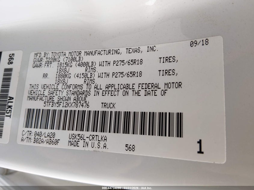 2019 Toyota Tundra VIN 5TFBY5F12KX787476 IAAI salvage auction — FRONT END, Salvage (New Mexico), sold $15,100 on 2026-07-27 (photo 9)