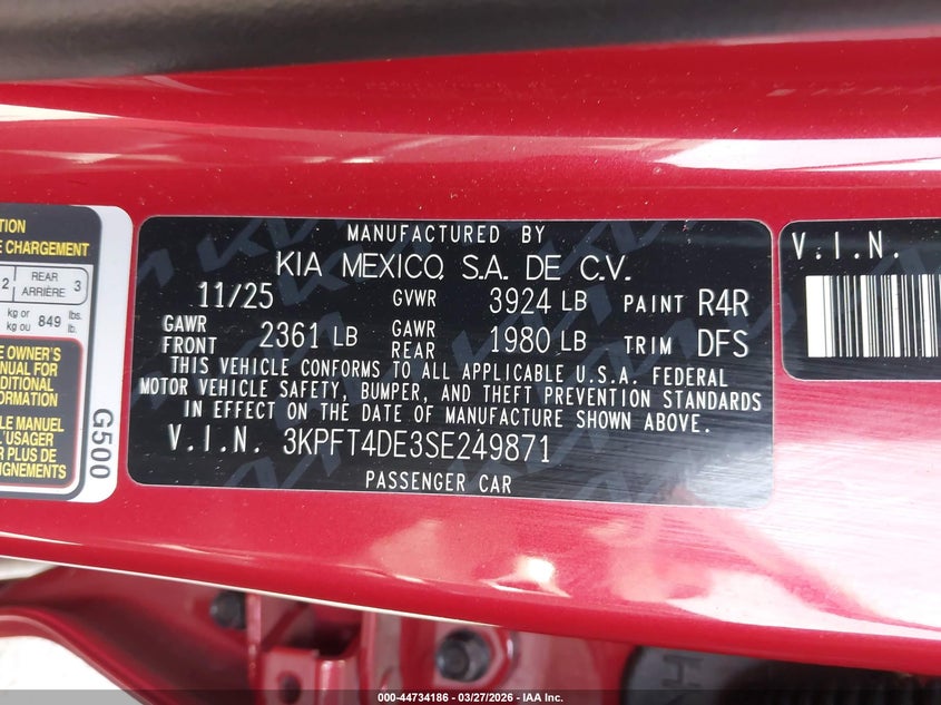 2025 Kia K4 VIN 3KPFT4DE3SE249871 IAAI salvage auction — FRONT END, Wait Title, sold $6,300 on 2026-07-09 (photo 9)