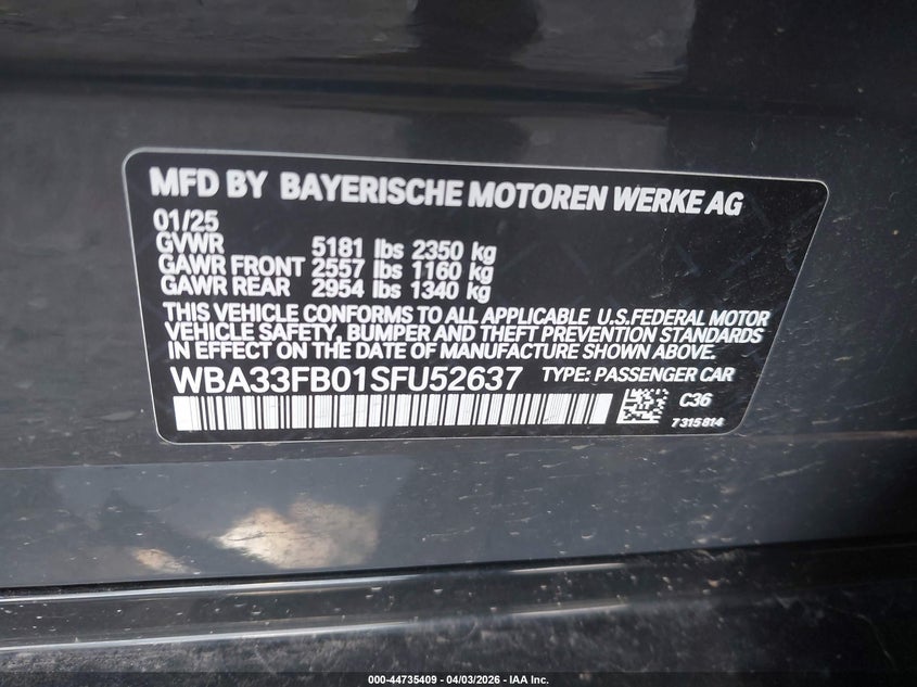 2025 BMW 4er VIN WBA33FB01SFU52637 IAAI salvage auction — FRONT END, Wait Title, sold $1,750 on 2026-07-21 (photo 9)
