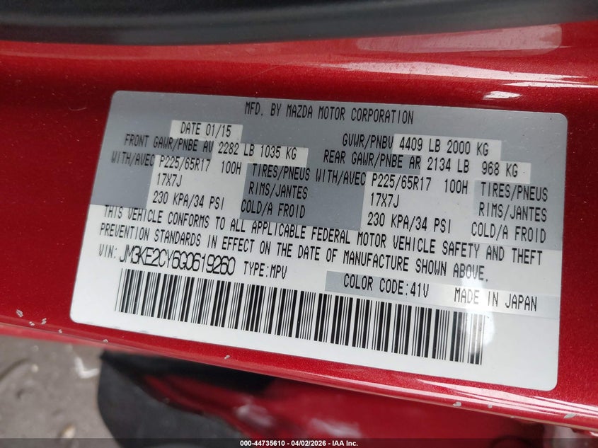 2016 Mazda Cx-5 VIN JM3KE2CY6G0619260 IAAI salvage auction — FRONT END, Wait Title, sold $2,950 on 2026-07-07 (photo 9)