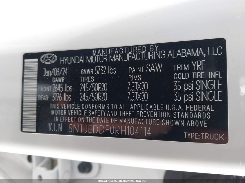 2024 Hyundai Santa cruz VIN 5NTJEDDF0RH104114 IAAI salvage auction — FRONT END, Salvage (Massachusetts), sold $7,900 on 2026-07-10 (photo 9)