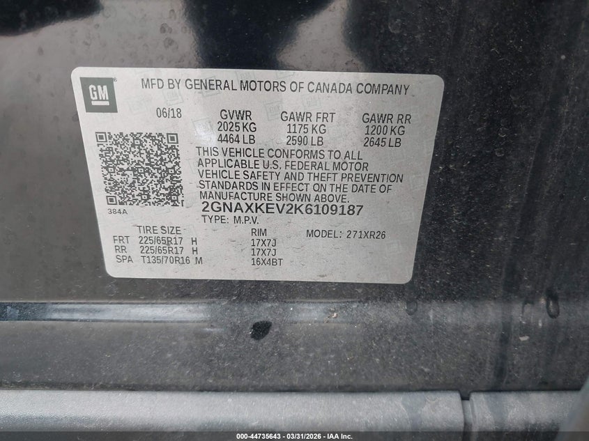 2019 Chevrolet Equinox VIN 2GNAXKEV2K6109187 IAAI salvage auction — REAR END, Original (Texas), sold $2,450 on 2026-07-05 (photo 9)