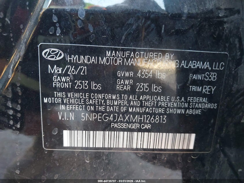 2021 Hyundai Sonata VIN 5NPEG4JAXMH126813 IAAI salvage auction — LEFT FRONT, Wait Title, sold $3,100 on 2026-07-21 (photo 9)