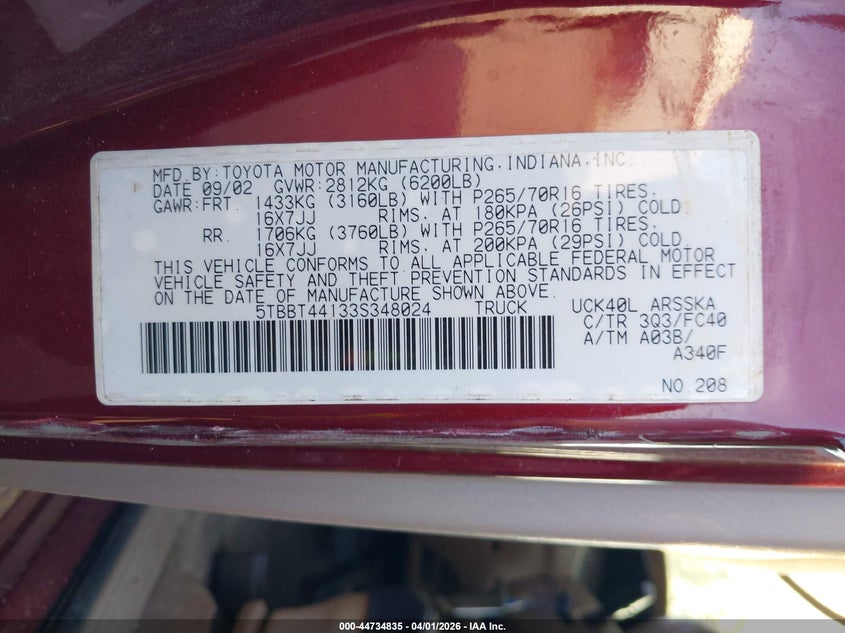 2003 Toyota Tundra VIN 5TBBT44133S348024 IAAI salvage auction — ROLLOVER, Salvage - Greater Than 75% (Maryland), sold $1,050 on 2026-07-29 (photo 9)
