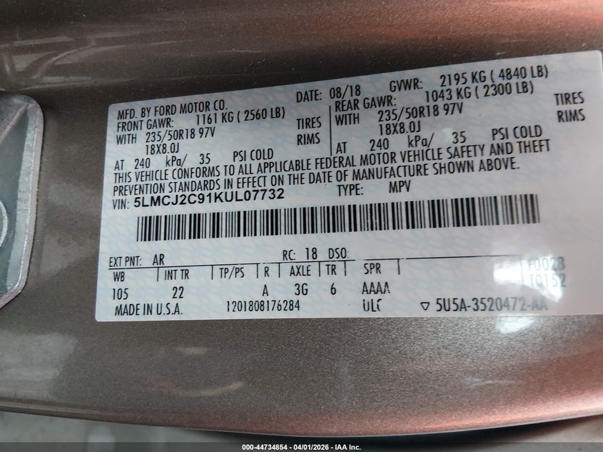 2019 Lincoln Mkc VIN 5LMCJ2C91KUL07732 IAAI salvage auction — FRONT END, Wait Title, sold $1,575 on 2026-07-17 (photo 9)
