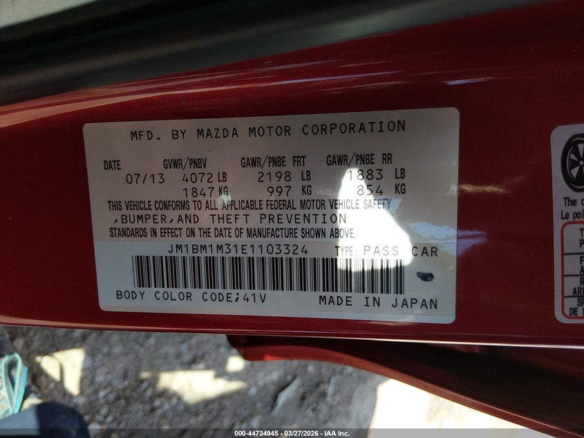 2014 Mazda VIN JM1BM1M31E1103324 IAAI salvage auction — FRONT END, Wait Title, sold $1,950 on 2026-07-11 (photo 9)