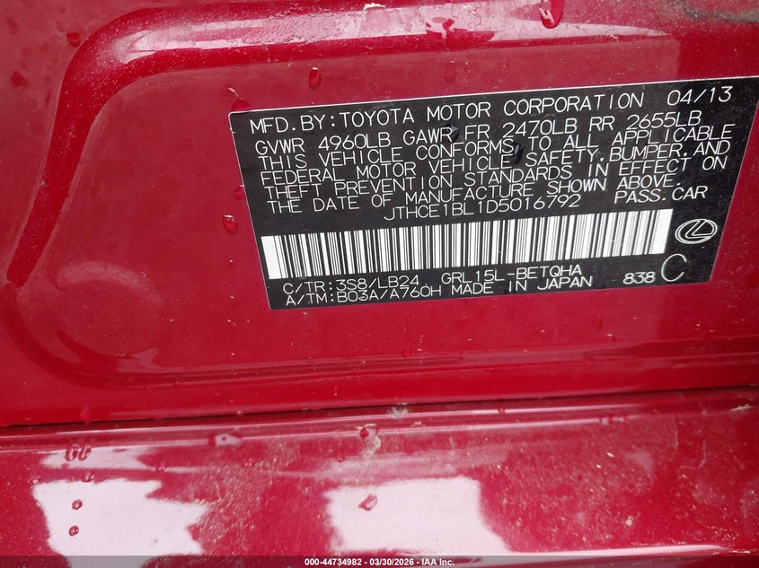 2013 Lexus Gs VIN JTHCE1BL1D5016792 IAAI salvage auction — SIDE, Wait Title, sold $2,800 on 2026-07-11 (photo 9)