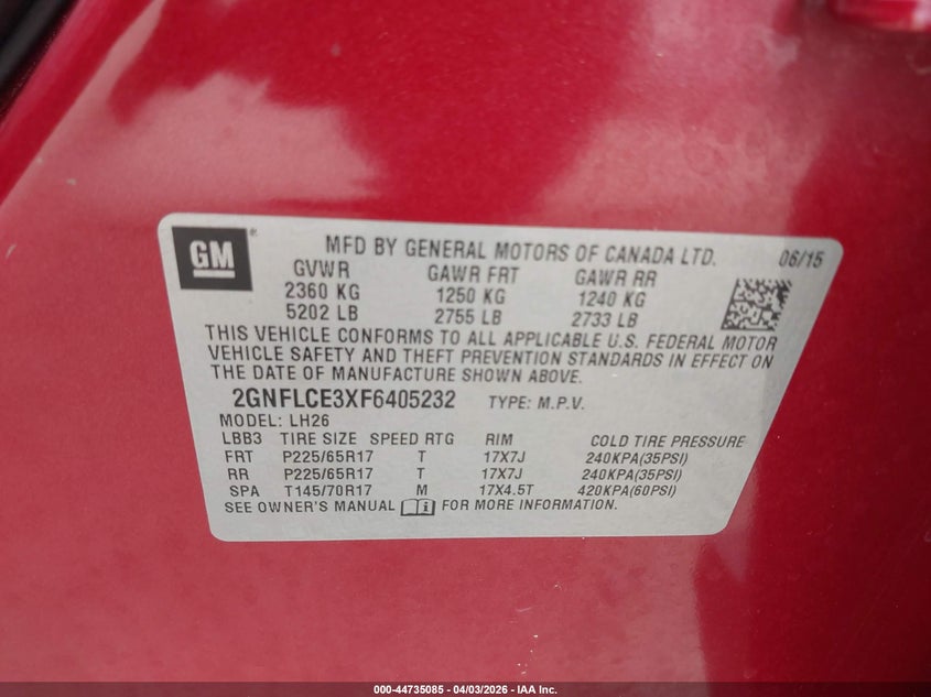 2015 Chevrolet Equinox VIN 2GNFLCE3XF6405232 IAAI salvage auction — FRONT END, Wait Title, sold $1,300 on 2026-07-20 (photo 9)
