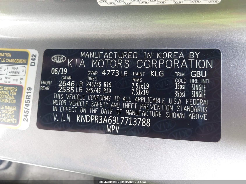 2020 Kia Sportage VIN KNDPR3A69L7713788 IAAI salvage auction — LEFT FRONT, Salvage Title, sold $4,450 on 2026-08-01 (photo 9)