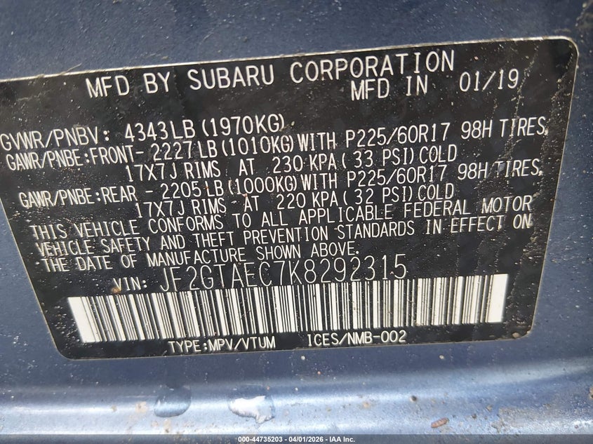 2019 Subaru Xv VIN JF2GTAEC7K8292315 IAAI salvage auction — LEFT FRONT, Salvage (Vermont), sold $1,325 on 2026-07-09 (photo 9)