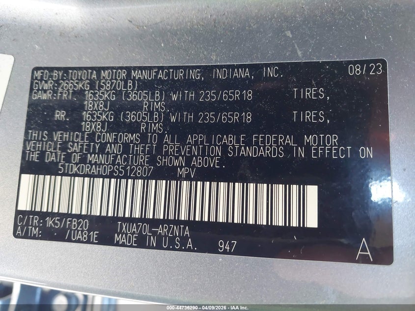 2023 Toyota Highlander VIN 5TDKDRAH0PS512807 IAAI salvage auction — FRONT END, Salvage Title, sold $13,550 on 2026-07-17 (photo 9)