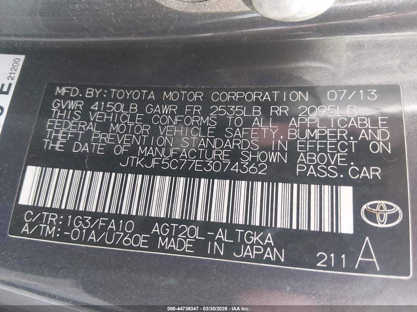 2014 Scion Tc VIN JTKJF5C77E3074362 IAAI salvage auction — FRONT END, Salvage (Colorado), sold $725 on 2026-07-07 (photo 9)